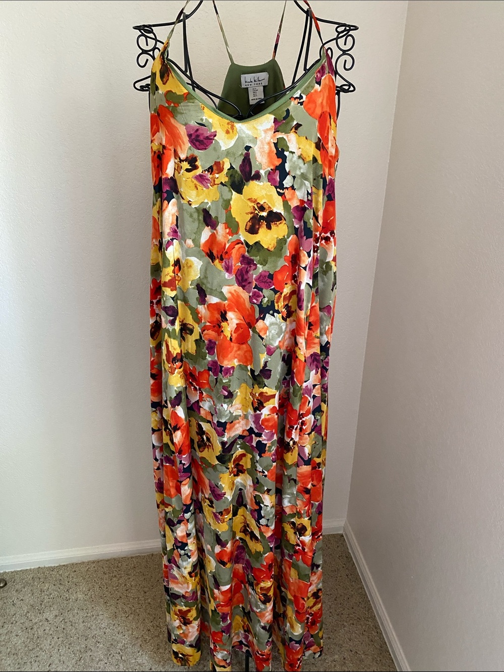 Nicole Miller Olive Floral Maxi Dress with Orange, Yellow & Purple Accents